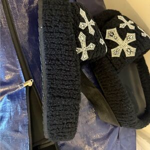 Black Fuzzy Slippers with Rhinestone Cross